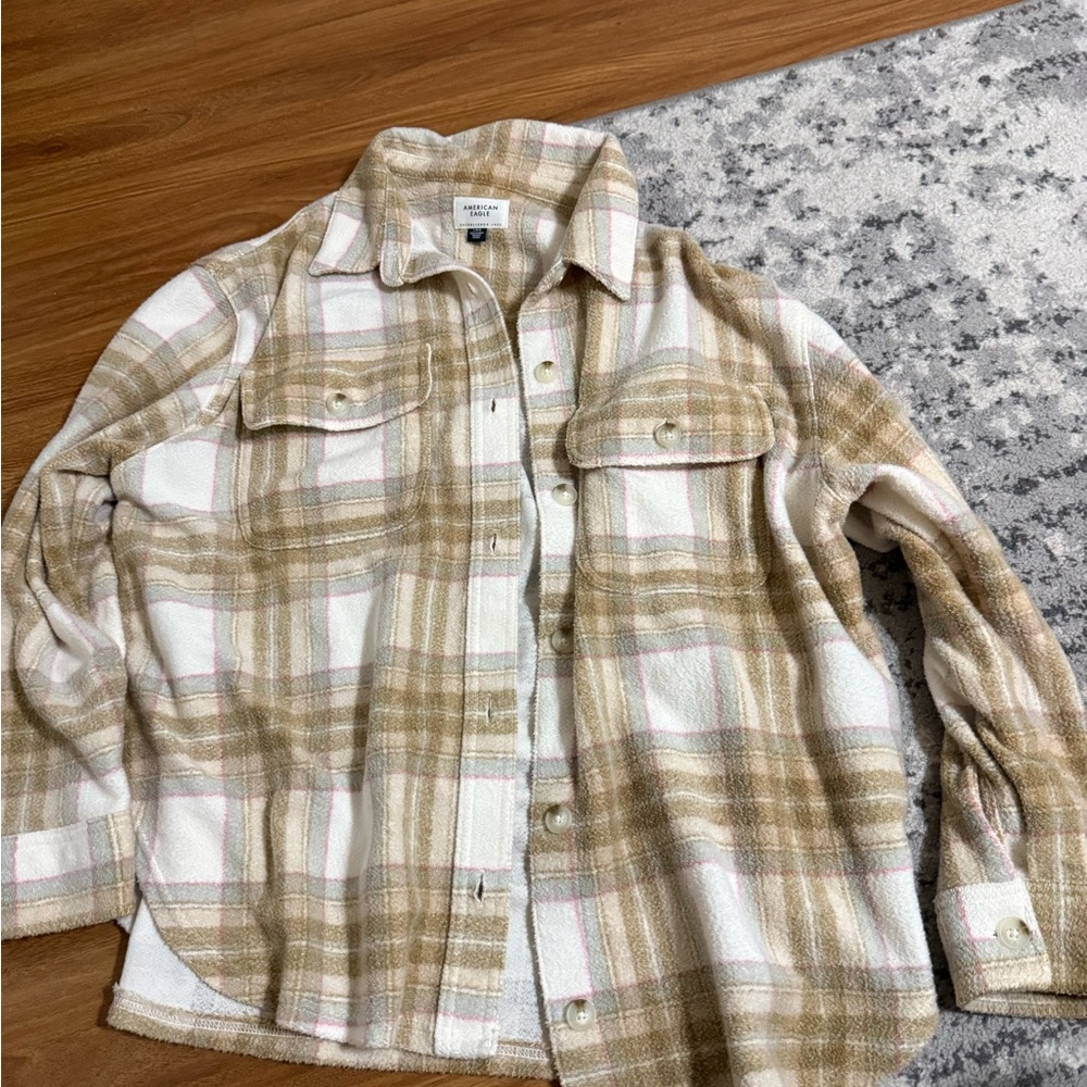 American Eagle Cream and Pink Plaid Shacket